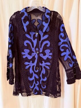 Weavz Black Sheer Button
Front Jacket with Wavy Blue Embroidery